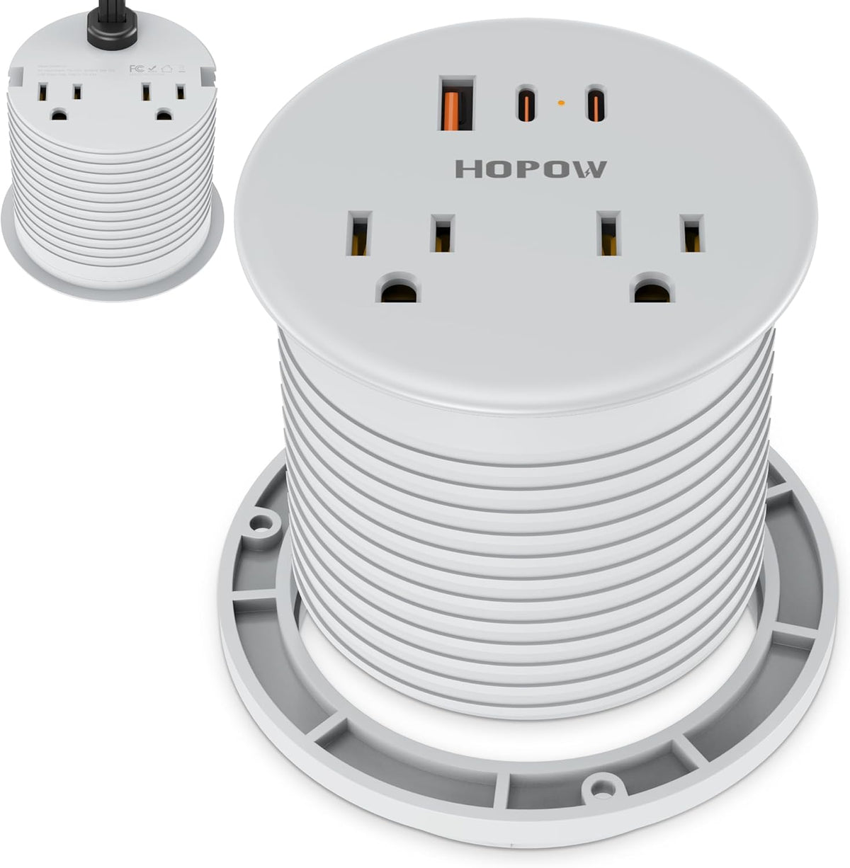 Recessed Desk Power Grommet with 4 AC Outlets 3 USB Ports (2USB C), Dual-Sided Flush Mount Outlet Charging Station for Desktop, Conference Room, Furniture Table, 6.5 FT Cord, Grey