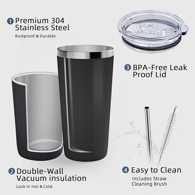 GGQ 20oz Travel Coffee Tumbler Food-Grade 304 Stainless Steel Vacuum Insulated Double Wall Leak-Proof Lid Reusable Straw Hot and Cold Drinks Cup Holder Friendly (Navy Blue)