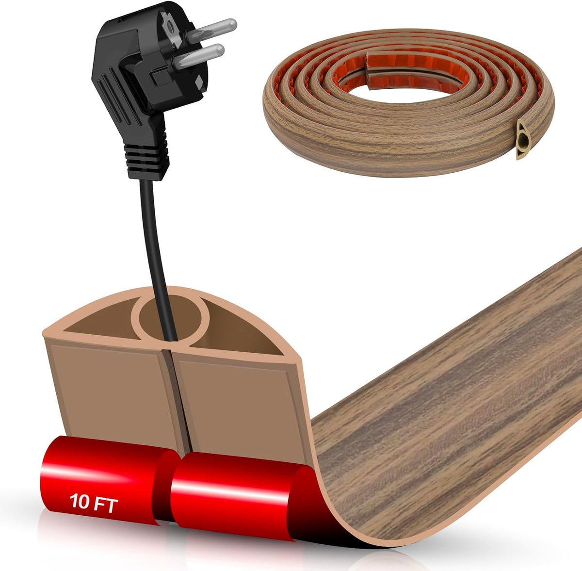 Floor Cord Cover Self Adhesive Cord Hider,10FT Cable Management, Extension Strip Protector for Wires, Prevent Cable Trips for Offices, Gyms, Exhibitions Cavity:0.3"(W) x0.28(H) Woodsmokedbrown