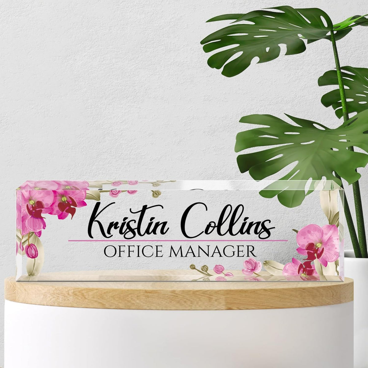 Custom Name Plate for Desk, Acrylic Office Decor For Women Men, Personalized Office Desk Accessories, Teacher Employee Appreciation Gifts For Social Worker Boss Coworkers (Flowers-2)