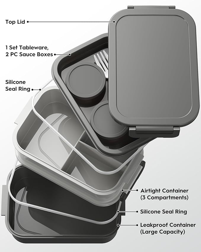 Adults Bento Box with Insulated Lunch Bag, 74oz Capacity 3 Stackable Leak-Proof Bento Box Built-In Utensil and Sauce, PFAS & BPA-Free, Microwave & Dishwasher Safe (Dusk Gray)
