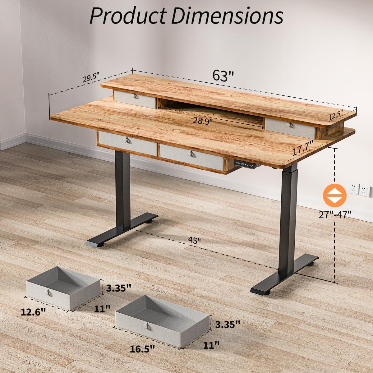 Standing Desk with Fast Charging USB Ports, 63" x 30" Height Adjustable Home Office & Gaming Desk, Sit Stand Desk with Built-in Storage Shelf, Hook & Ergonomic Design(Light Rustic)