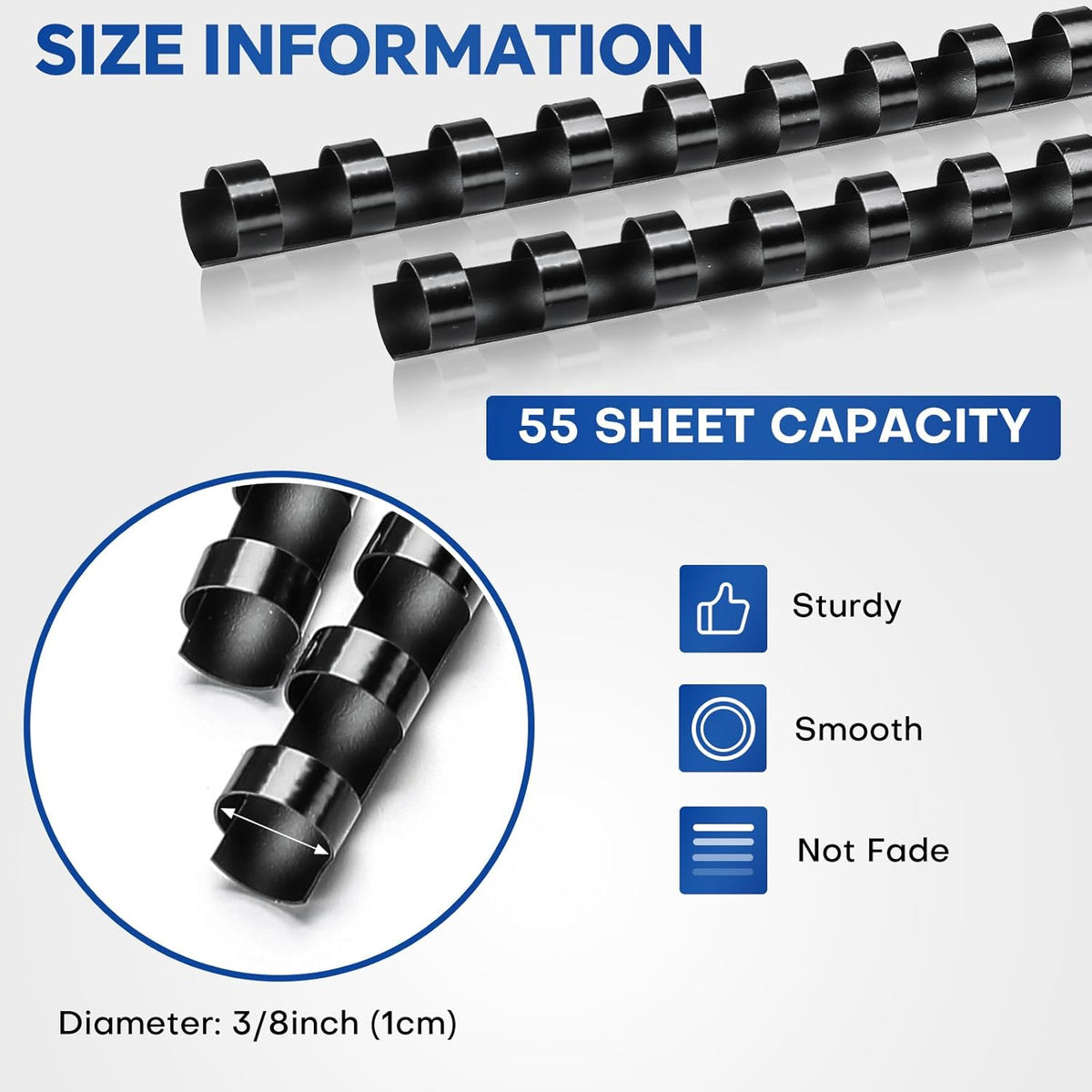MYFULLY 100 Pack 21 Ring Plastic Comb Binding Spines | 3/8 Inch Diameter, 55 Sheet Capacity, A4, Black Binding Comb (3/8" (55 Sheet Capacity))