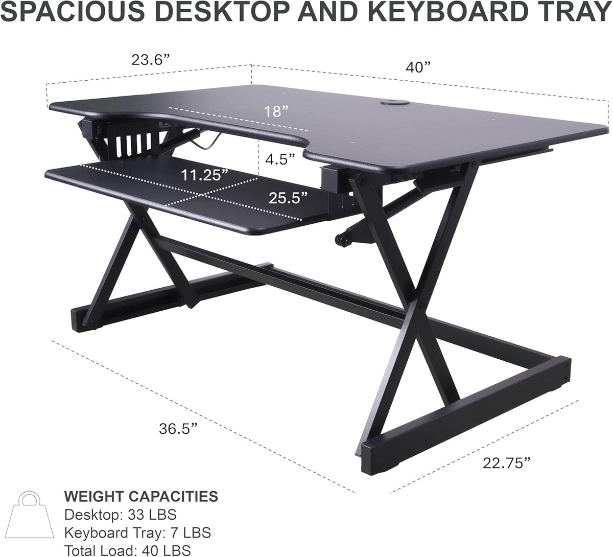 Rocelco 40" Height Adjustable Standing Desk Converter with AC Outlet USB Charger and Anti-Fatigue Floor Mat - Sit Stand Up Tabletop Riser - Sliding Keyboard Tray - Black (R DADRB-40-ACUSB-MAFM)