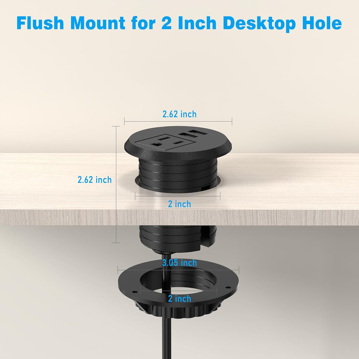 VILONG Desk Power Grommet with 2 USB, Fits 2 inch Grommet Hole, Recessed Power Strip Socket, Plug in 2 Outlet 6 ft Extension Cord (ETL Listed)