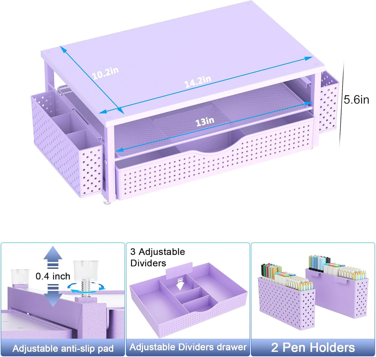 Desk Organizer and Accessories, Computer Monitor Stand Riser with Drawer and 2 Pen Holders, Office Desk Accessories & Workspace Organizers for Office Supplies (Purple)