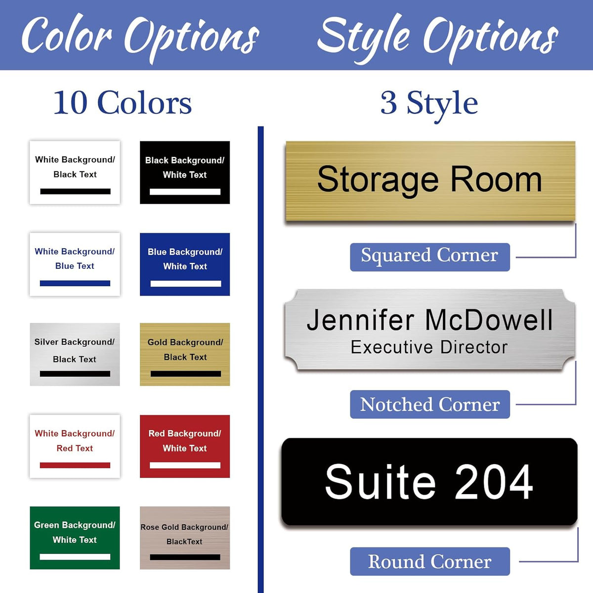Custom Office Engraved Name Plate for Door or Wall Sign, Personalized Door Name Plate for Office with Adhesive, Laser Engraving, 10 Colors Available, 3 Styles (2" x 10")