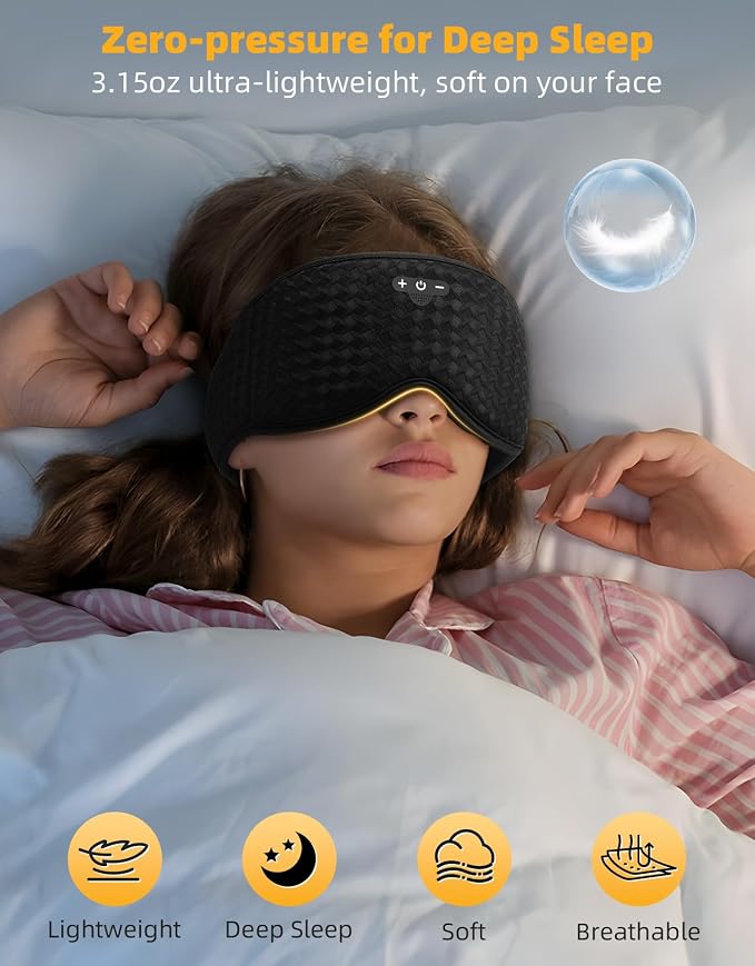 3D Contoured Sleep Mask with Bluetooth Headphones, Adjustable Blackout Sleeping