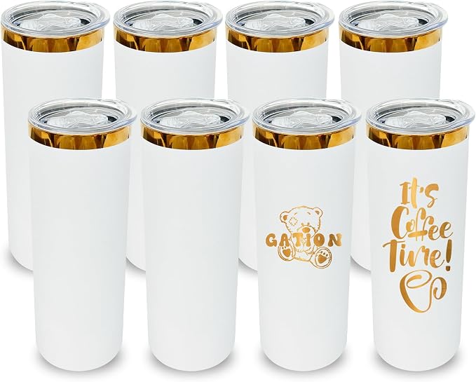 20 oz Skinny Tumblers Stainless Steel Tumbler with Lid and Straw Double Wall Vacuum Insulated Coffee Mug 20oz Powder Coated Cup for Hot and Cold Drinks(White,8 pack)