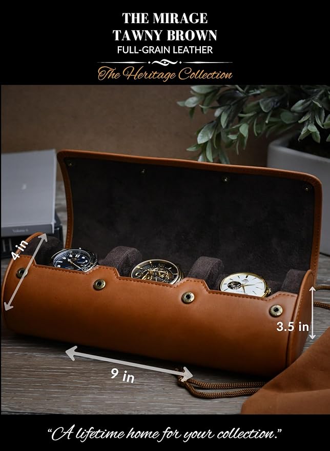 Watch Travel Case for Men – Leather Watch Roll Case Organizer – 3 Watches