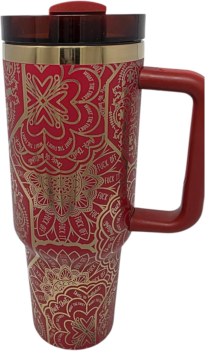 Hidden Cuss Word Tumbler 40oz Laser Engraved Funny Nurse Gift Swear Tumbler with Lid and Straw, Multicolor, Gag Gift Hidden Curse Words Stainless Steel Travel Mug (Red with Gold Underlay)