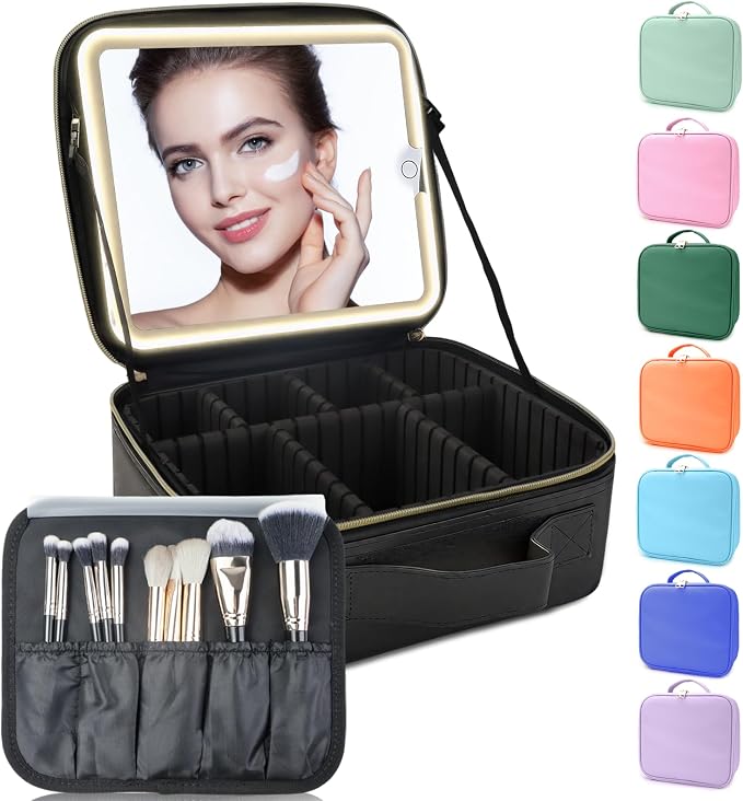 Makeup Bag with Led Mirror, Travel Makeup Organizer with 3 Color Setting