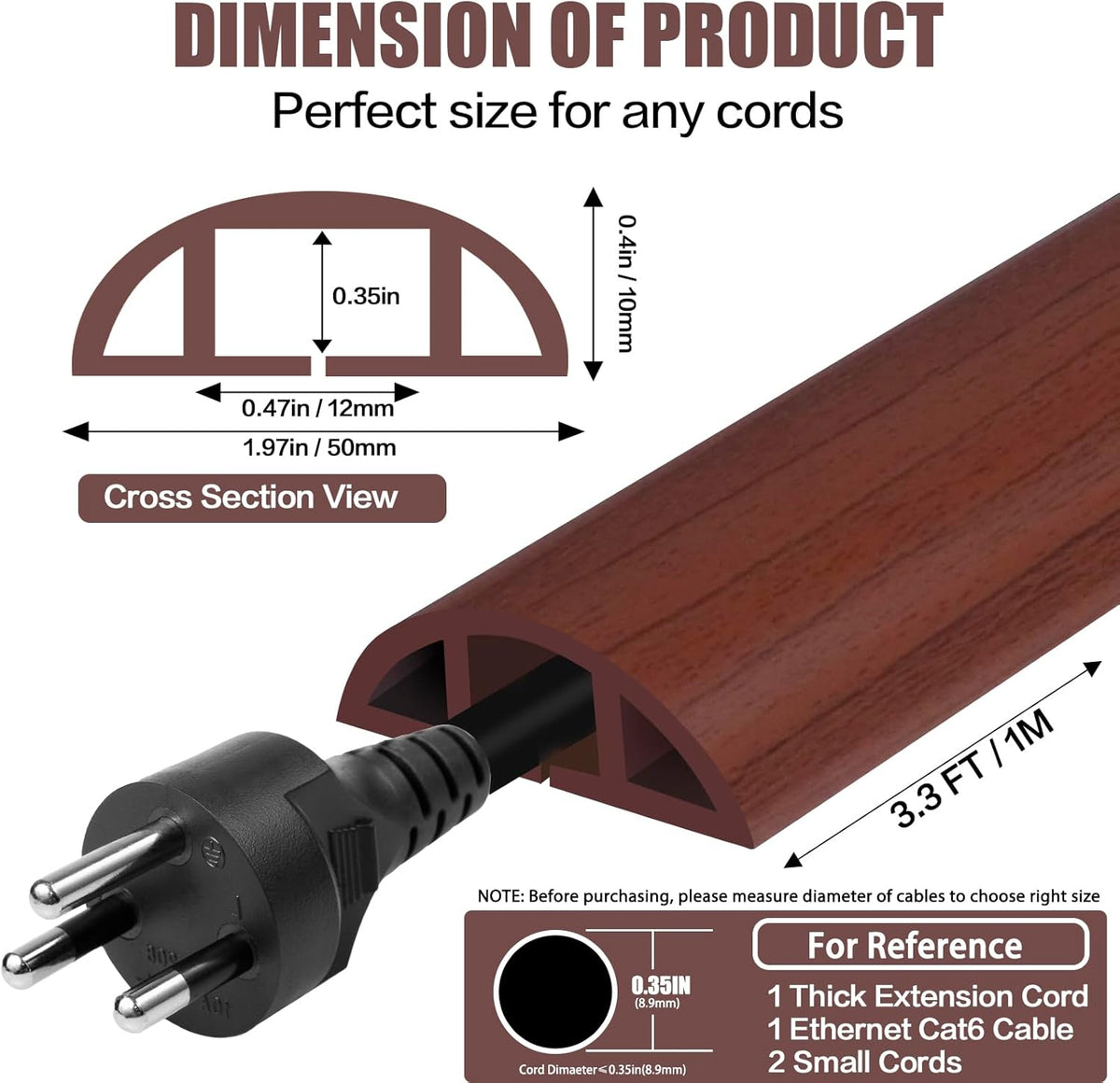 Floor Cord Cover Self Adhesive Cord Hider,3.3FT Cable Management, Extension Strip Protector for Wires, Prevent Cable Trips for Offices, Gyms, Exhibitions Cavity:0.47"(W) x0.35(H) Wood Red Teak