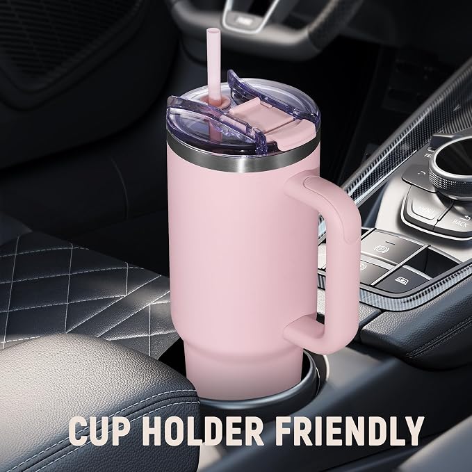 COKTIK 40 oz Tumbler With Handle and Straw, Insulated Tumbler With Leakproof Lids, Stainless Steel|BPA-Free, Cold for 24 H (Blush)