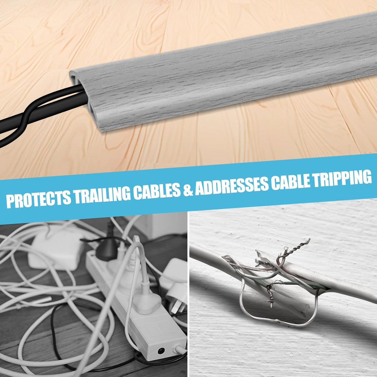 Floor Cord Cover Self Adhesive Cord Hider,10FT Cable Management, Extension Strip Protector for Wires, Prevent Cable Trips for Offices, Gyms, Exhibitions Cavity:0.51"(W) x 0.3"(H) Gray Wood