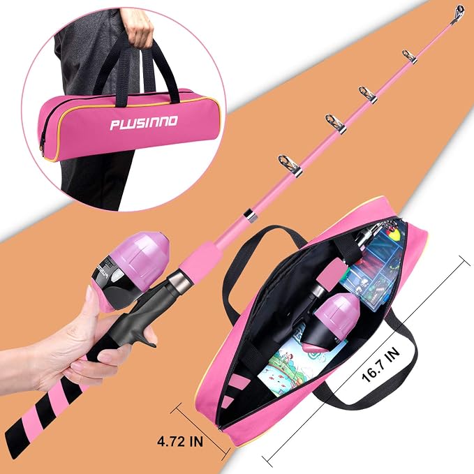 PLUSINNO Kids Fishing Pole, Portable Telescopic Fishing Rod and Reel Combo Kit -