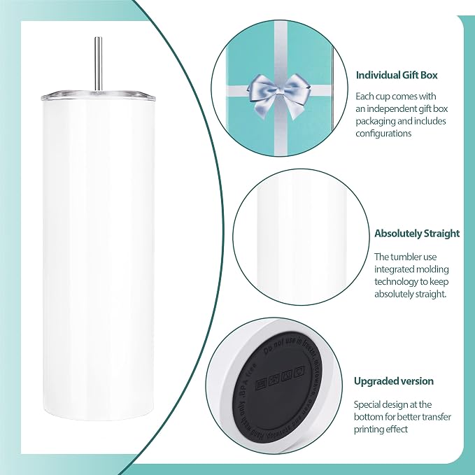 D·S 25 Pack Sublimation Tumblers Bulk 20 oz Skinny Straight Flat Bottom Blank Tumbler Cups with Individual Gift Boxed for Heat Transfer DIY Craft