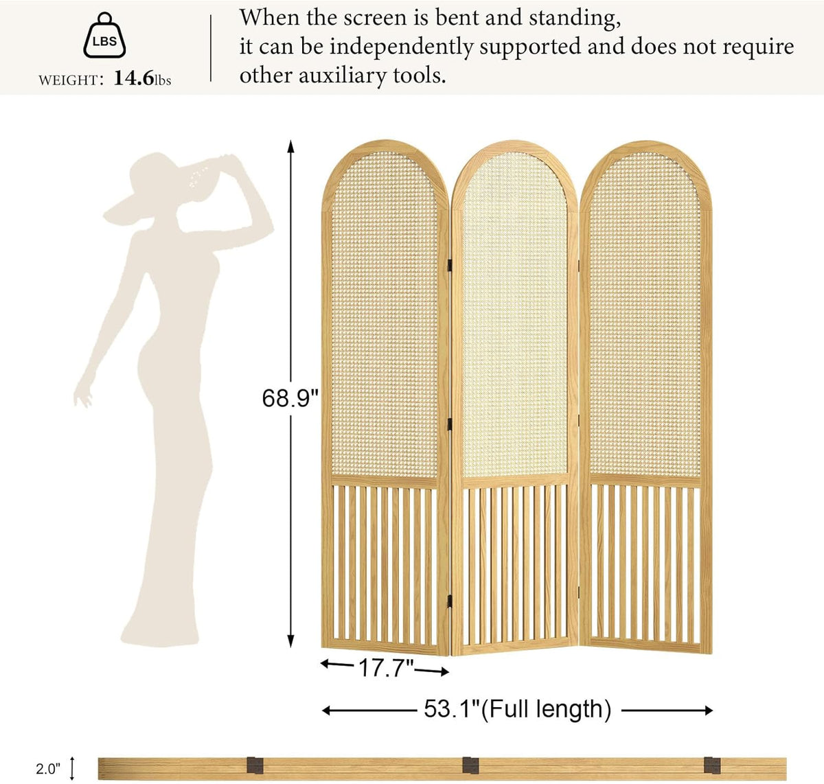 3-Panel Hand-Woven Rattan Room Divider, Tall Foldable Privacy Screen with Wooden Frame - Freestanding Portable Partition for Home Office, Bedroom, Bathroom(Natural-Pine)