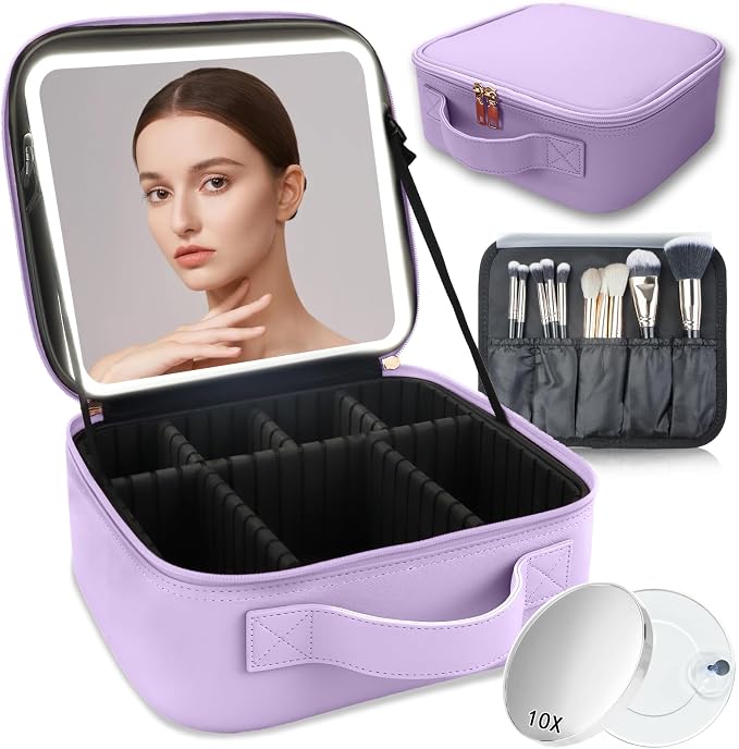 Makeup Bag with Led Mirror, Travel Makeup Organizer with 3 Color Setting & 10X