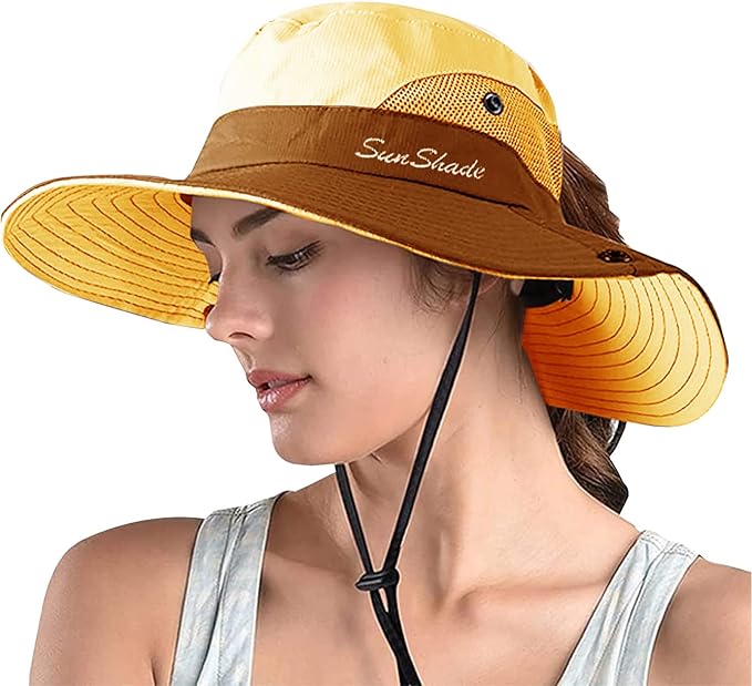 ZOORON Women's Ponytail Safari Sun Hat, Wide Brim UV Protection Outdoor Bucket