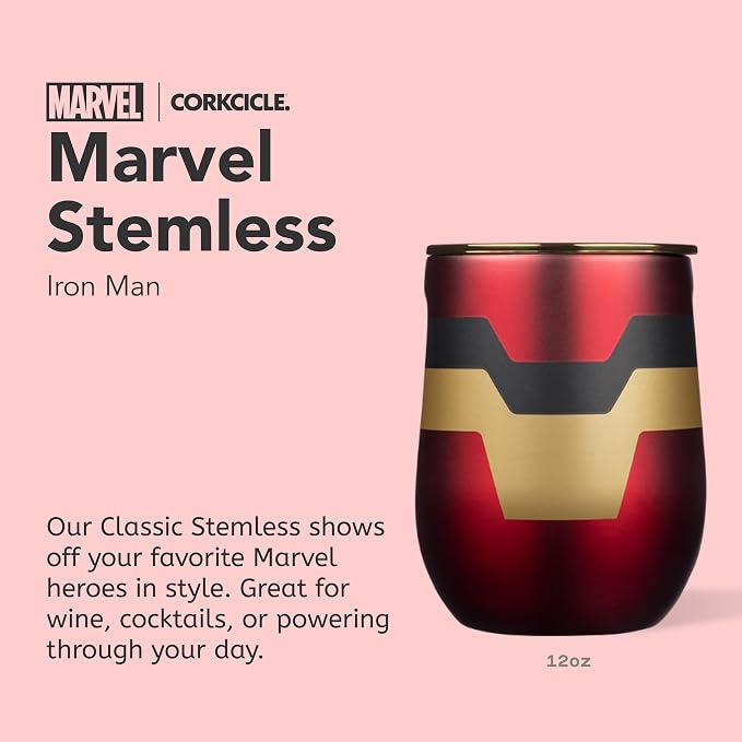 Corkcicle Stemless Insulated Wine Glass Tumbler - Beverages Cold 6 Hours & Hot 3 Hours - Stainless Steel - Easy-Grip - Summer Drinkware Gift - Keeps Drinks Ice - 12 oz - Captain Marvel