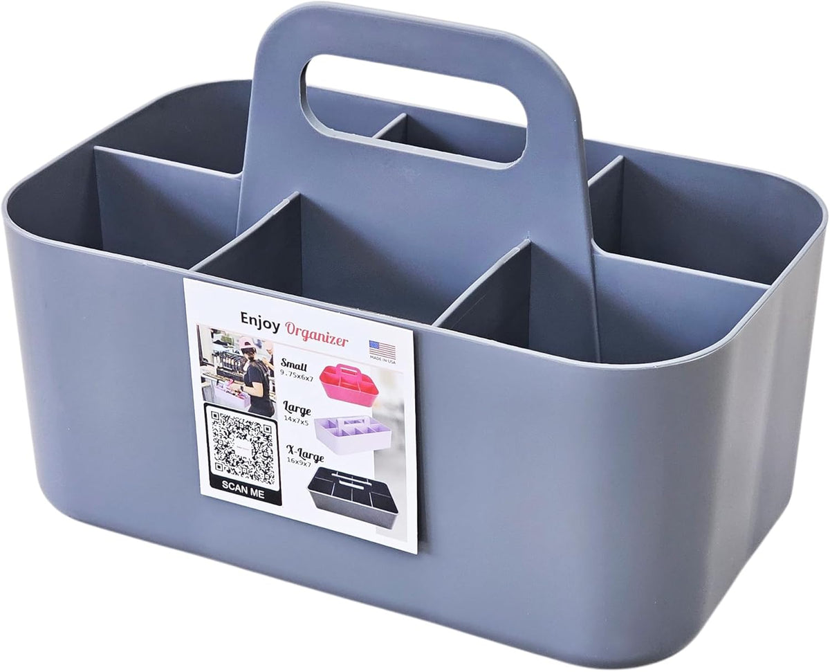 2 Pack Small 6 Compartment Multiuse Caddy Organizer with Handle Art Craft Supplies, Office, Desk, Stationery Pen Holder Stackable- Made In USA (Mint/Gray)
