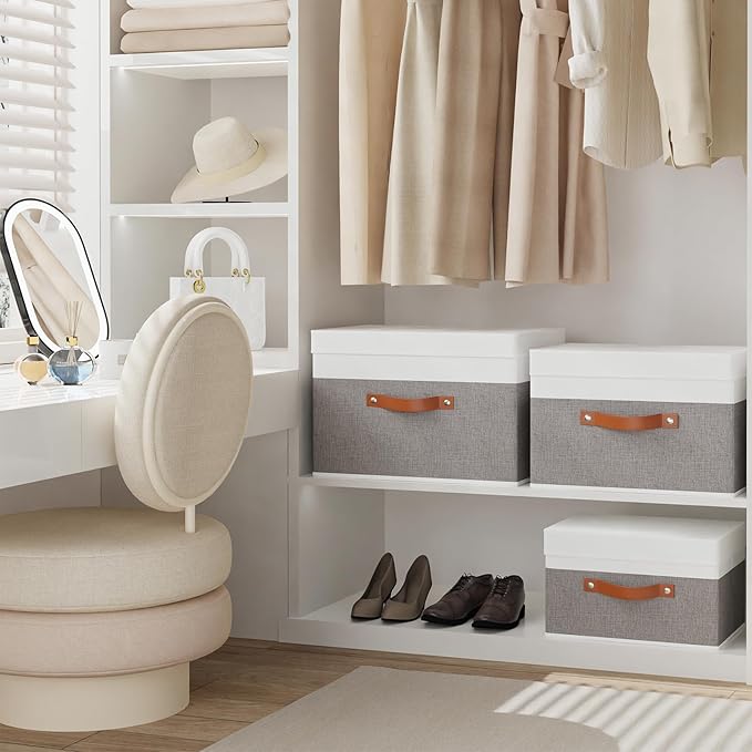 Fabric Storage Boxes with Lids, Linen Foldable Cloth Baskets, Closet Organizer