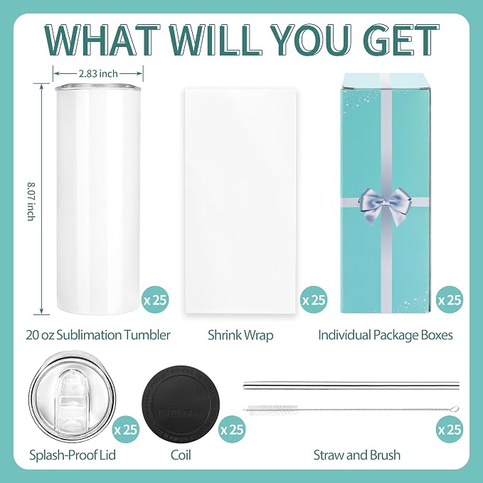 D·S 25 Pack Sublimation Tumblers Bulk 20 oz Skinny Straight Flat Bottom Blank Tumbler Cups with Individual Gift Boxed for Heat Transfer DIY Craft