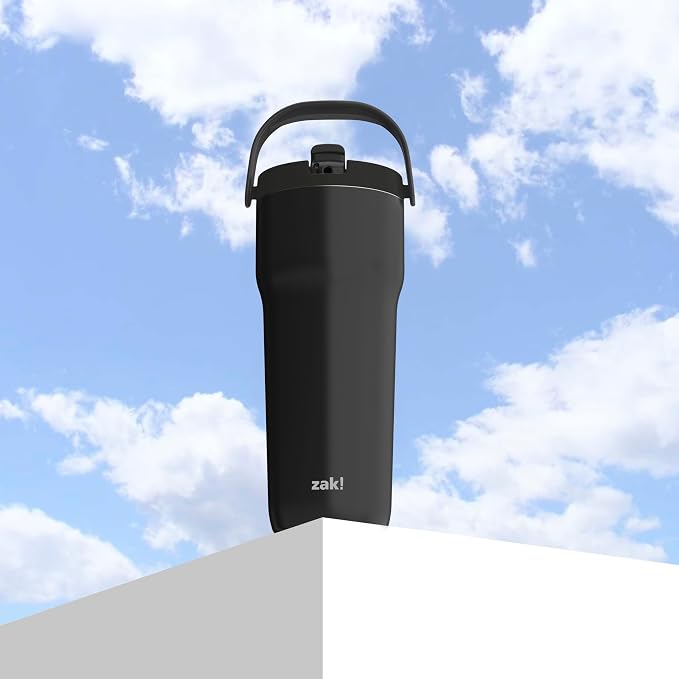 Zak Designs Sutton Travel Tumbler for On the Go, 30oz Stainless Steel with Vacuum Insulation, Straw Spout, Carry Handle for Cold Drinks (Ebony Black)
