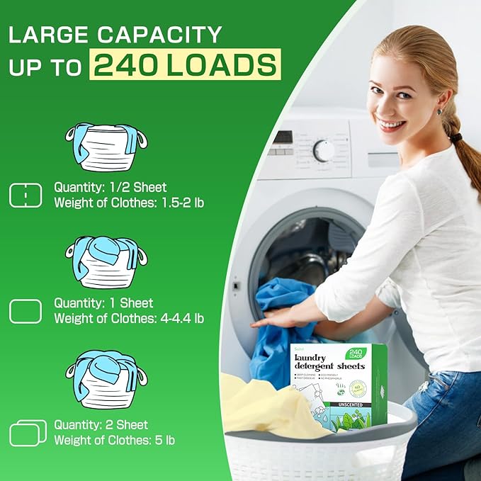 Soulink Laundry Detergent Sheets Unscented 240 Loads，Eco Friendly Detergent
