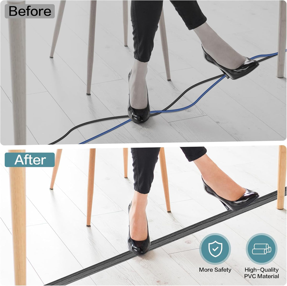 Floor Cord Cover Self Adhesive Cord Hider Floor Extension Cord Covers for Floor Power Cord Protector Cable Management Prevent Cable Trips Cable Cavity 0.32" W x 0.32" H (Deep Grey Wood, 10Ft)