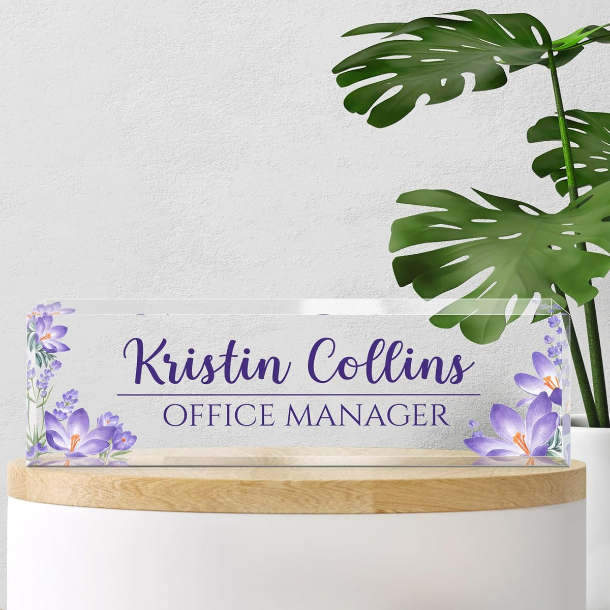 Custom Name Plate for Desk, Acrylic Office Decor For Women Men, Personalized Office Desk Accessories, Teacher Employee Appreciation Gifts For Social Worker Boss Coworkers (Purple Flower-1)