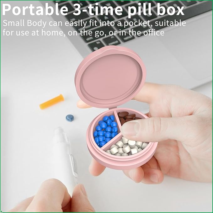 2 Pack Small Pill Box, 3 Compartment Round Silicone Travel Pill Box