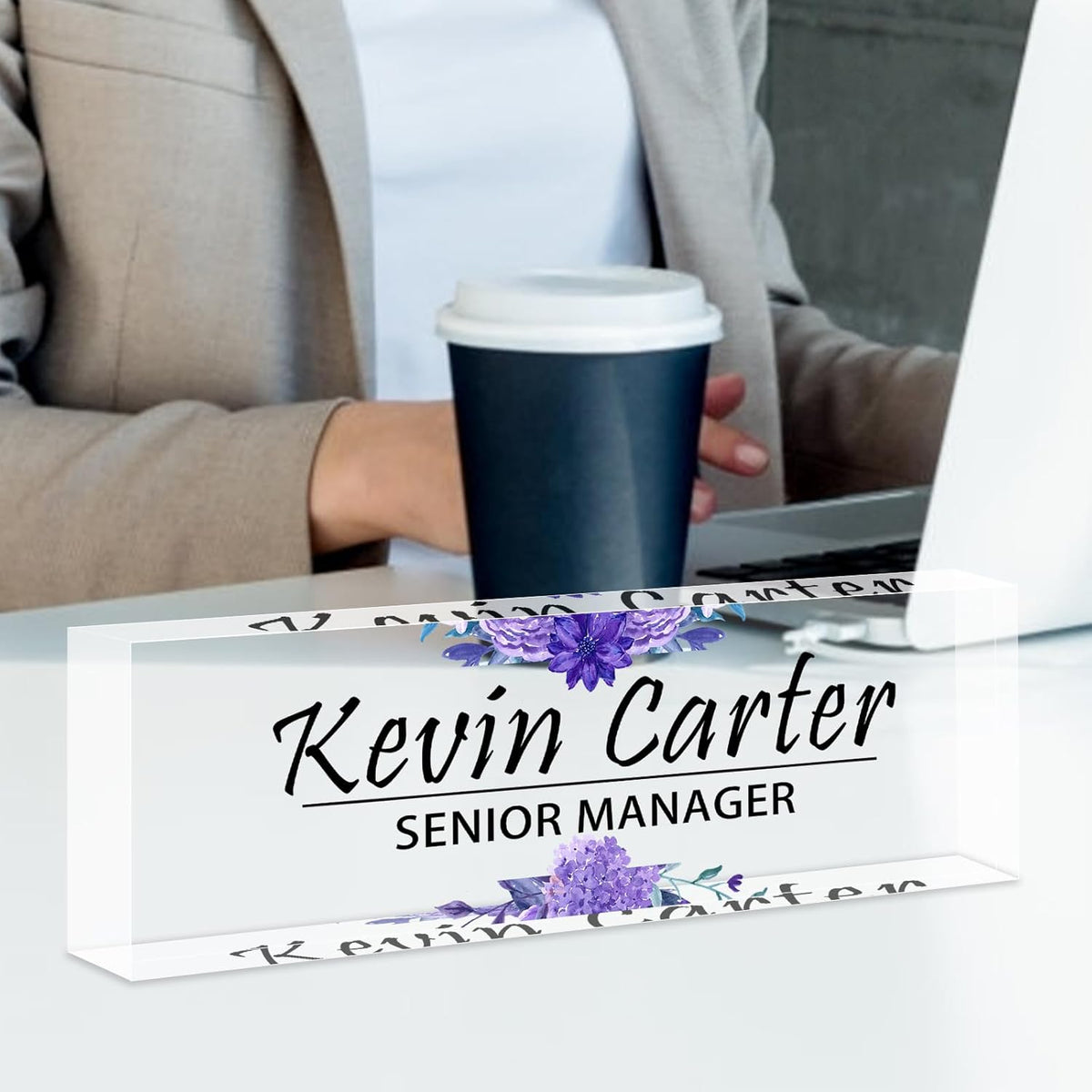 Name Plate for Desk Personalized, Acrylic Desk Decorations, Employee Appreciation Gifts, Custom Office Gifts for Coworkers, Boss, Teacher, Nurse (Purple Flowers)