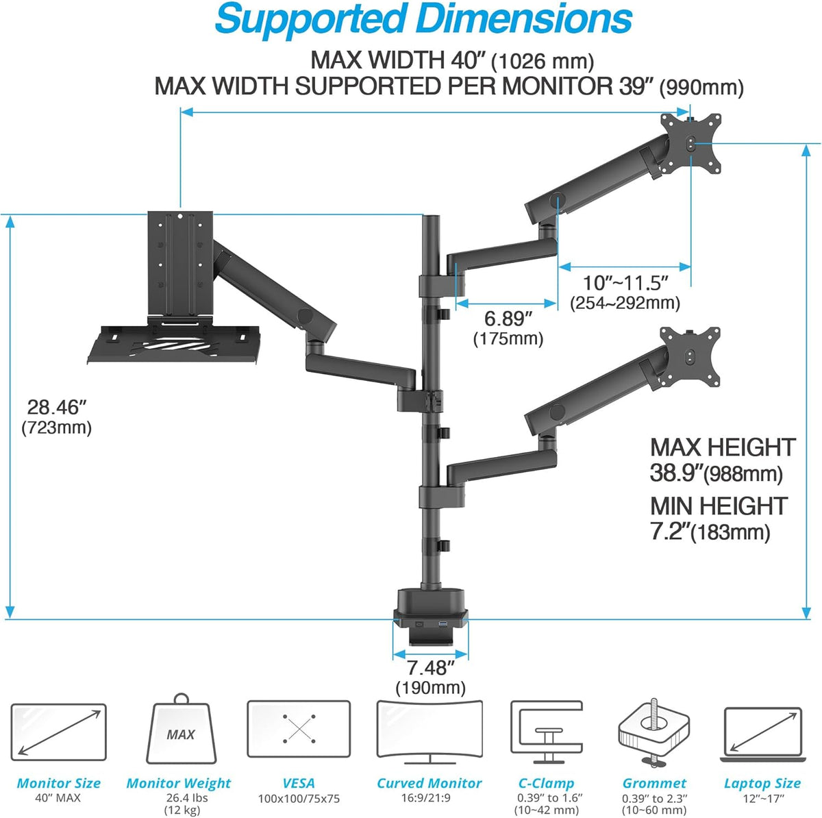 AVLT Laptop & Dual 40 Inch Stacking Monitor Arm Pole Top Mount with USB-C USB-A Ports-Black, Supports 26.4 lbs (12kg), Ultrawide Screen Fit, VESA Compatible, Multi-Screen, Ergonomic Workspace Upgrade