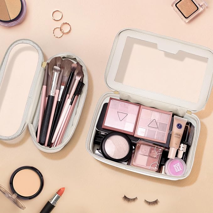 Travel Clear Makeup Bag with Makeup Brush Bag, Leather Makeup Case Toiletry Bag