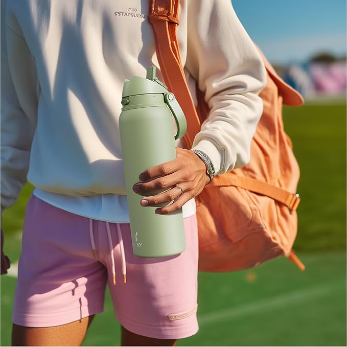 32 oz Insulated Water Bottle for Sports: Meoky Stainless Steel Water Bottle with 2-in-1 Straw and Spout Lid - Leak Proof, Cold for 24 Hours, Protective Silicone Base, BPA-Free for Women Gym, Blush