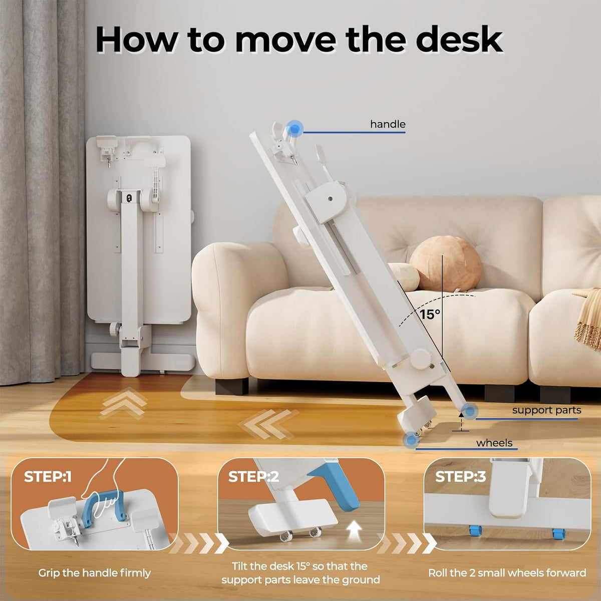 Foldable Mobile Standing Desk, 27 Inch Small Rolling Laptop Cart Height Adjustment, 90° Tiltable Bedside Table, No Assembly Needed Portable Computer Workstation, White
