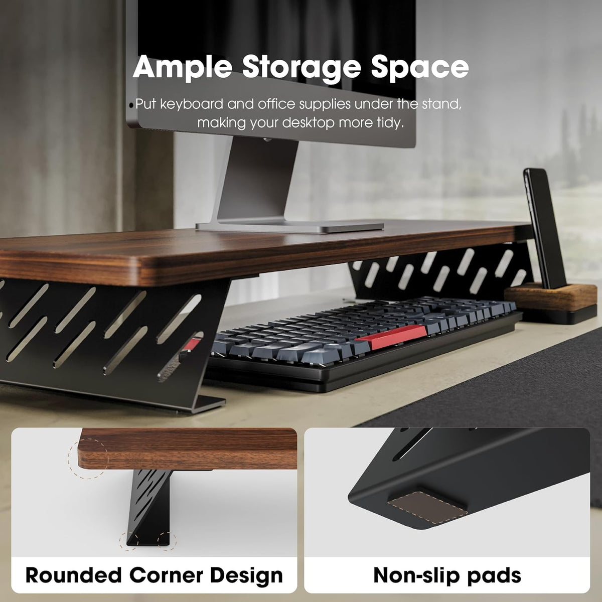 Fenge Monitor Stand Riser, Desk Top Shelf for 2 Monitors, Computer Stands for Desk, Wood & Steel Desktop Riser for Laptop, PC, Printer