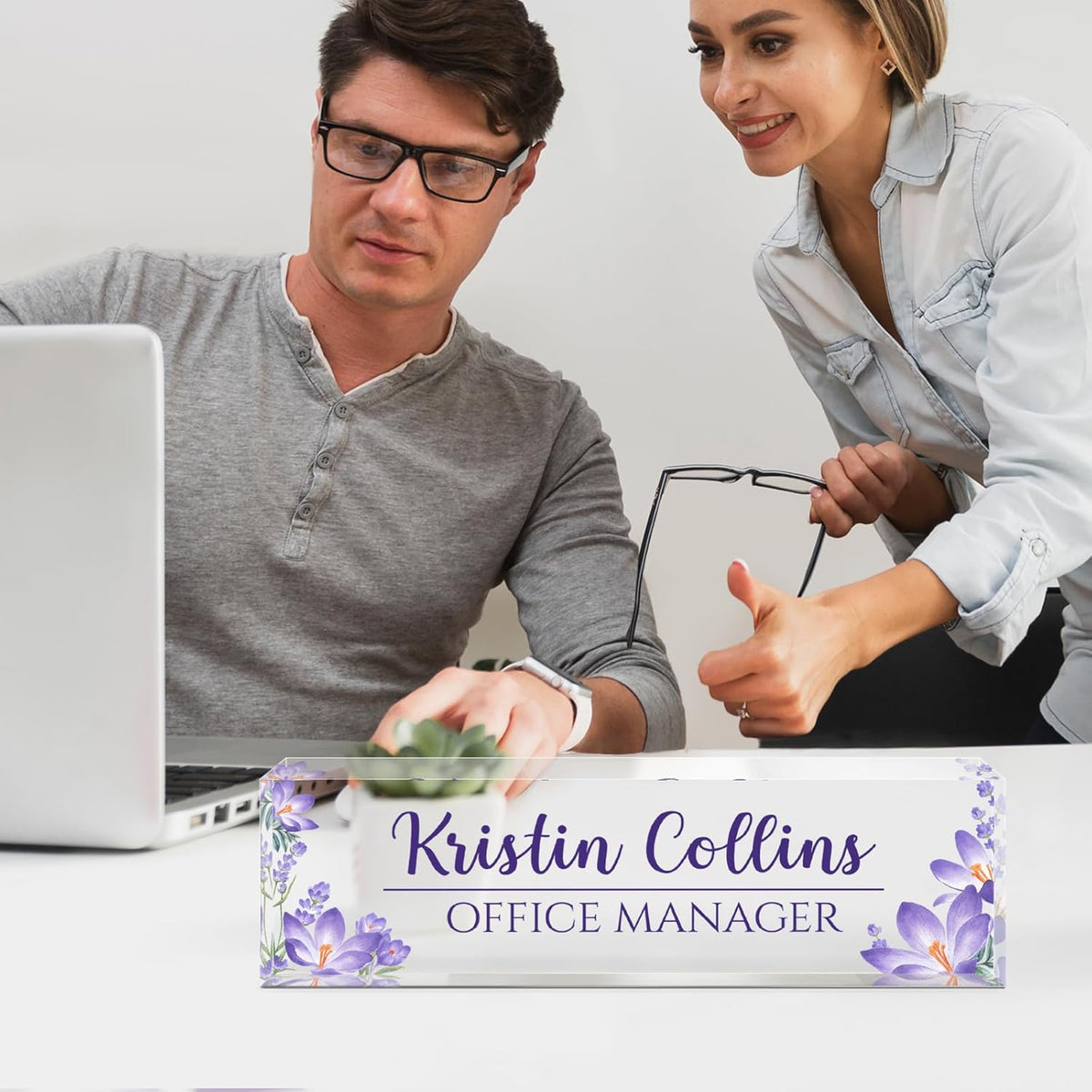 Custom Name Plate for Desk, Acrylic Office Decor For Women Men, Personalized Office Desk Accessories, Teacher Employee Appreciation Gifts For Social Worker Boss Coworkers (Purple Flower-1)
