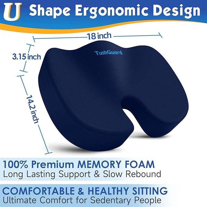 TushGuard Seat Cushion for Office Chair Memory Foam Non-Slip Desk Seat Cushion