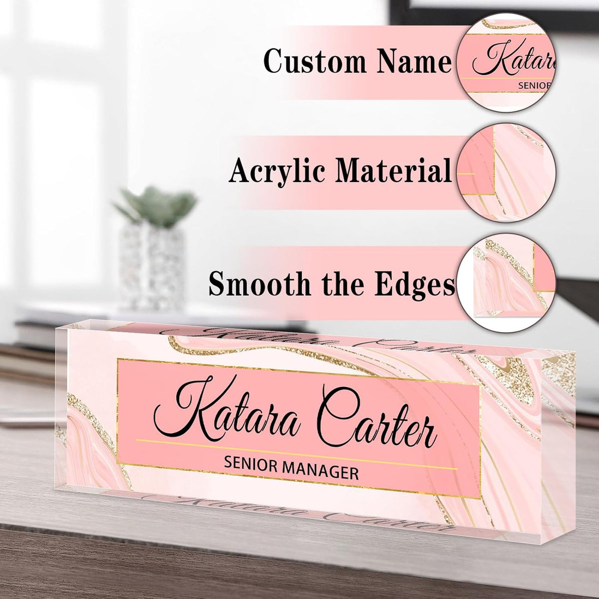 Name Plate for Desk Personalized, Acrylic Desk Decorations, Employee Appreciation Gifts, Custom Office Gifts for Coworkers, Boss, Teacher, Nurse (Pink Gold Marble)
