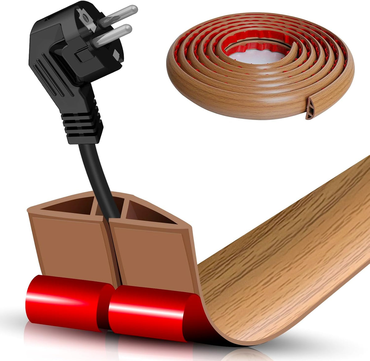Floor Cord Cover Self Adhesive Cord Hider,10FT Cable Management, Extension Strip Protector for Wires, Prevent Cable Trips for Offices, Gyms, Exhibitions Cavity:0.39"(W) x 0.27"(H) Brown Wood