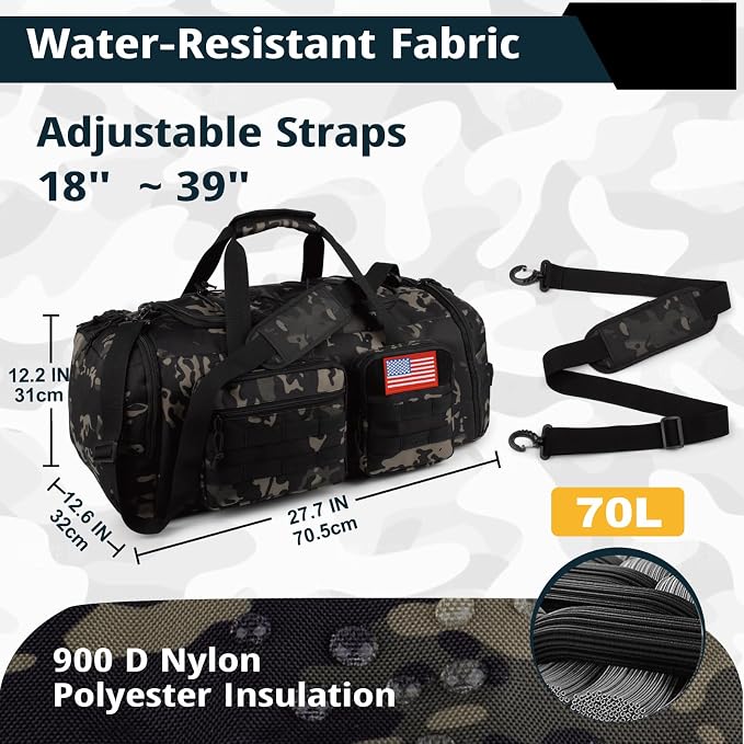 Tactical Gym Bag for Men，70L Large 3 in 1 Sports Duffle Bag