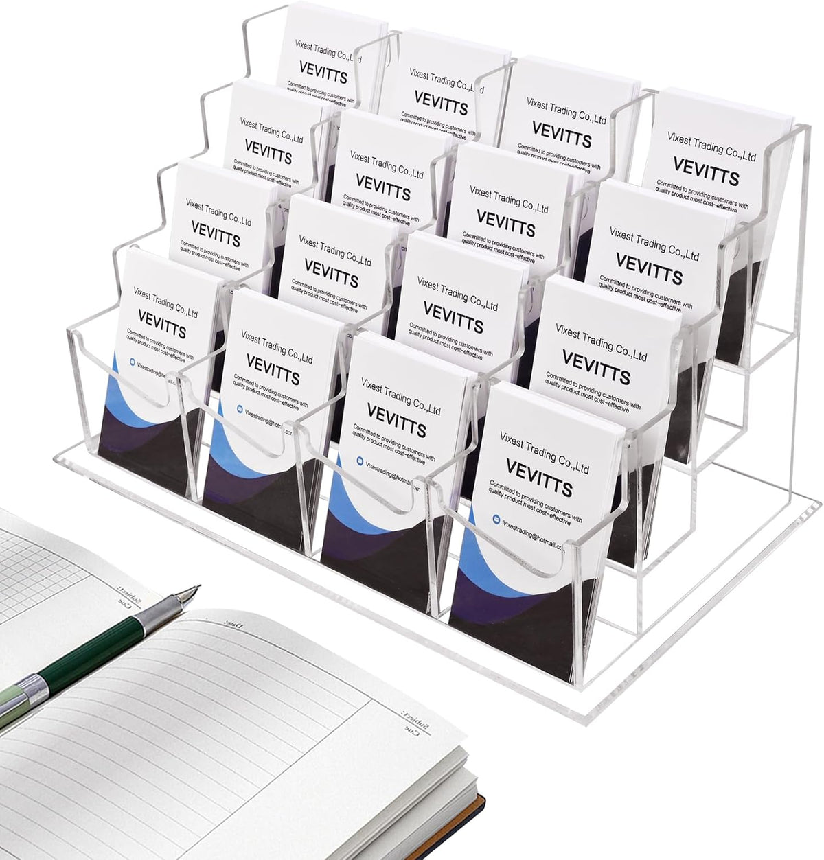 Clear Vertical Business Card Holder for Desk, Office Acrylic Business Card Display Holder Desktop Organizer Storage Cards Holders, Clear 4 Tiers 16 Pockets