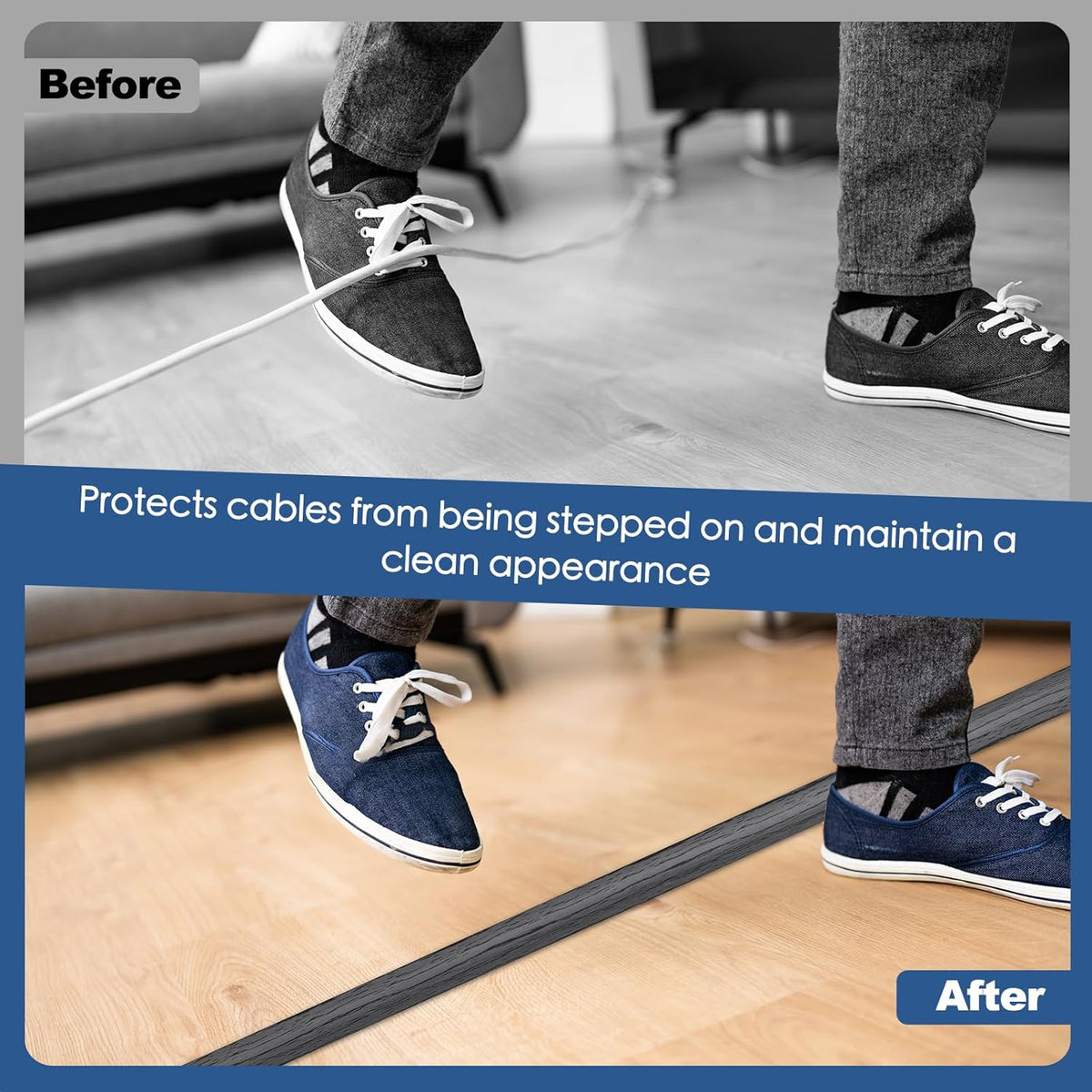 Floor Cord Cover for Wires on Floor Self Adhesive Cord Hider Floor Cable Management Wire Covers for Cords Protector Prevent Cable Trips Cord Cavity W 0.32" x H 0.32", Deep Gray Wood, 3.3Ft
