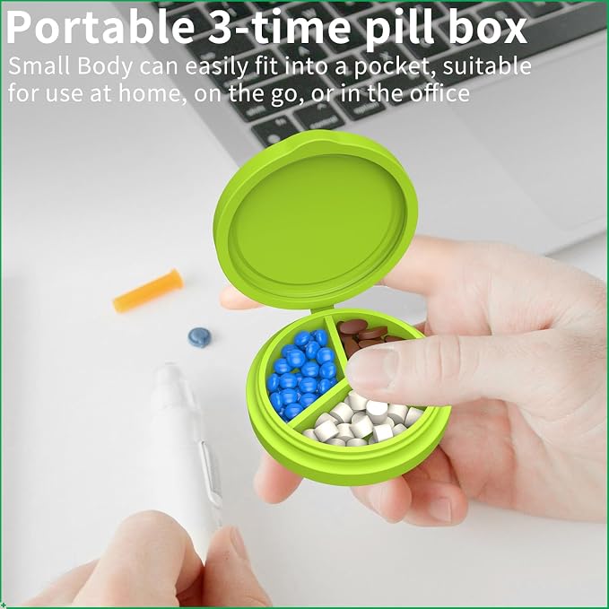 2 Pack Small Pill Box, 3 Compartment Round Silicone Travel Pill Box