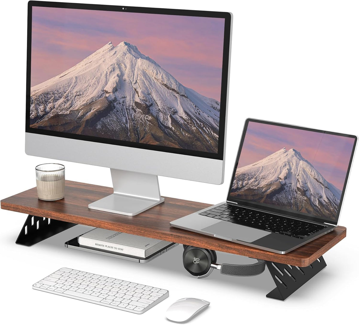 Fenge Monitor Stand Riser, Desk Top Shelf for 2 Monitors, Computer Stands for Desk, Wood & Steel Desktop Riser for Laptop, PC, Printer