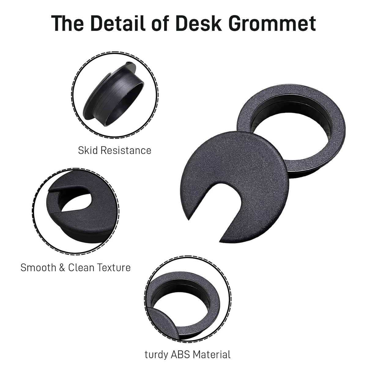 Desk Grommet 2 Inch 4 Pack Sturdy ABS Plastic Desk Hole Cover for Cables Detachable Desk Hole Grommet for Organizing Home & Office Table Cables - Black