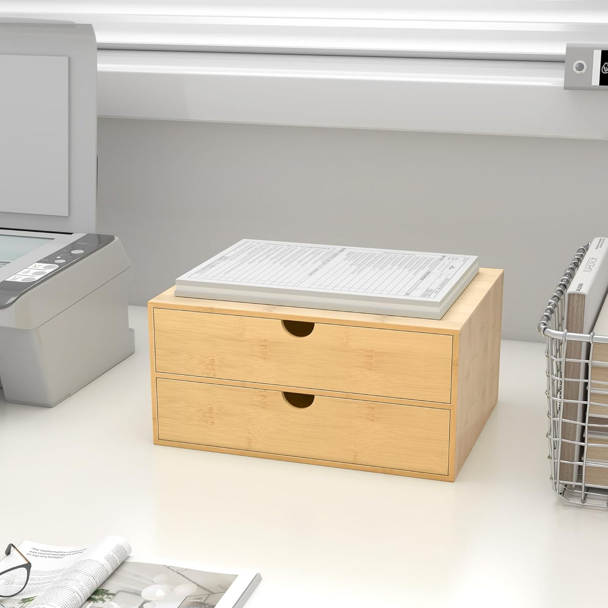 Bamboo Desk Drawer Organizer, Large Desktop Organizer with Drawers Tabletop Storage Organization Box for Office Home Toiletries Supplies Vanity, No Assembly Required (2 Drawer)